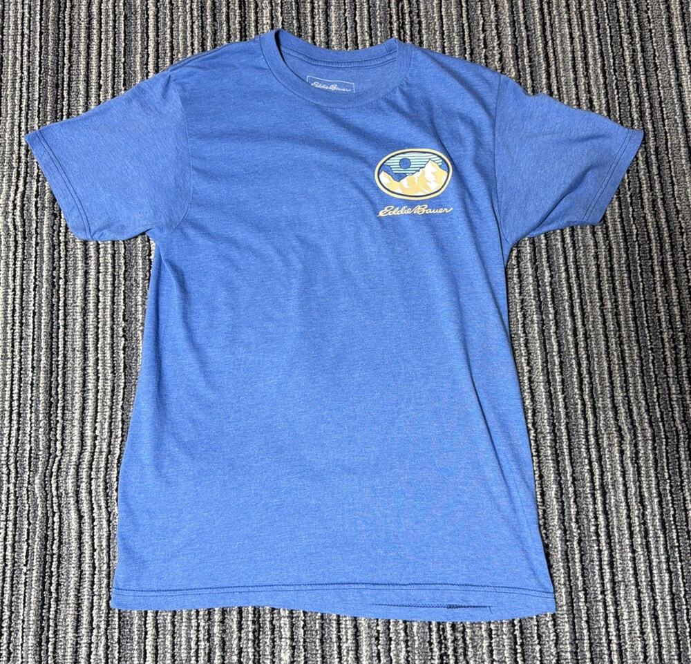 Eddie Bauer Mens Tee Shirt Sunset Graphic Mountain Blue size Small